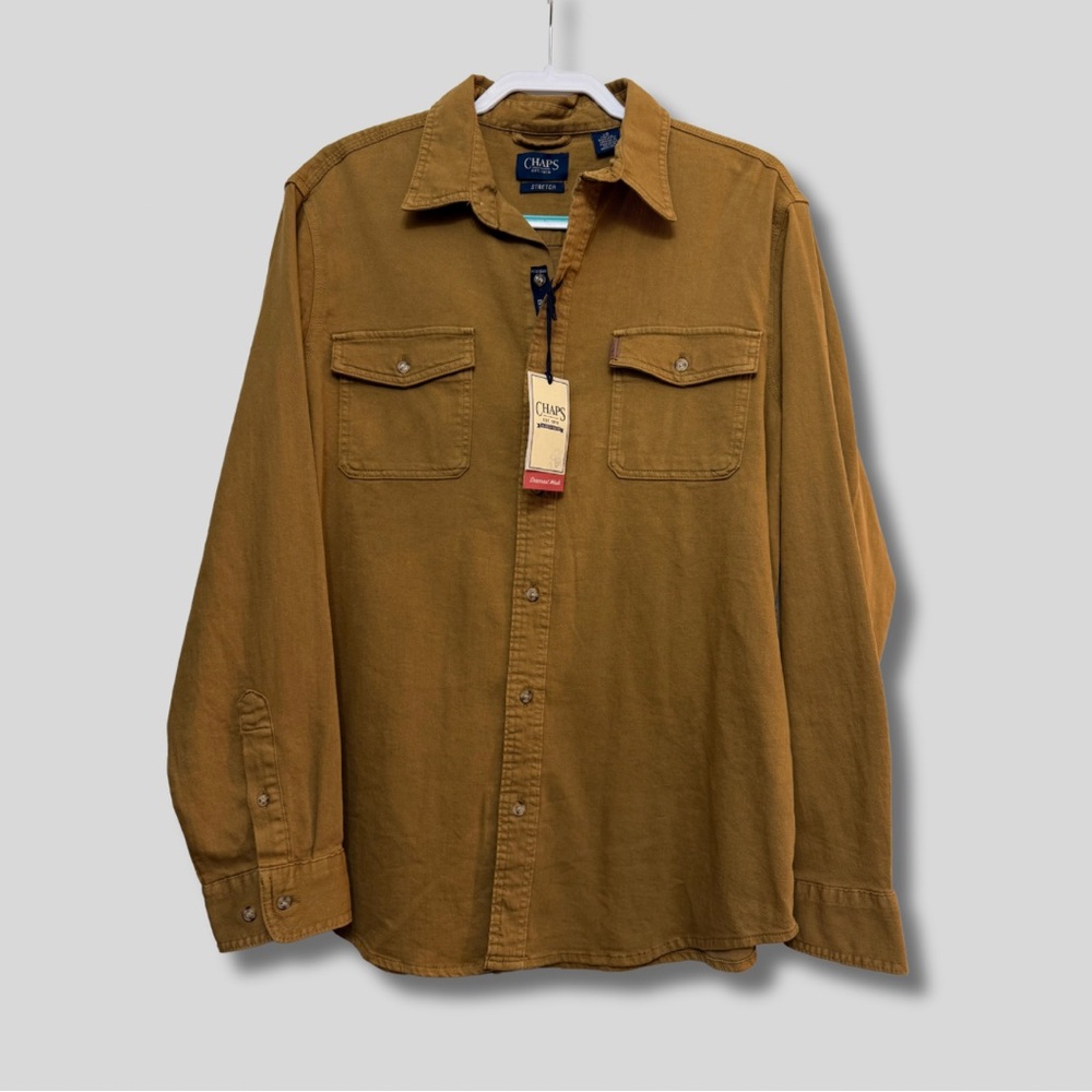 NWT Chaps Men’s Stretch Tan Long-Sleeve Button Up Shirt